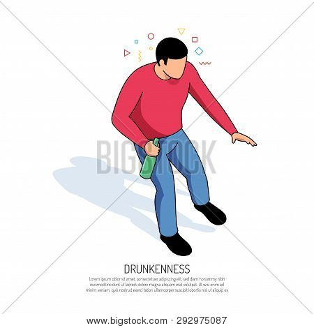 Unbalanced Man With Colorful Geometric Elements Around Head And Bottle In Hand During Drunkenness Is