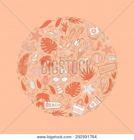Summer Vacation Icon, Sign, Symbol, Pictogram On A Circle Isolated On A Red Background With Tropical