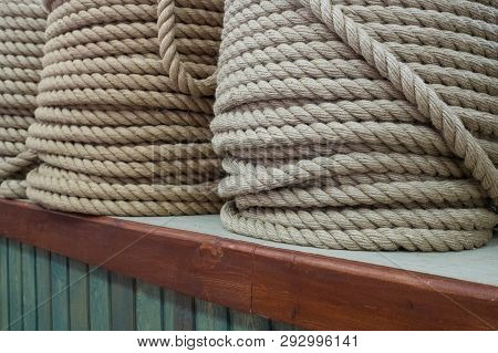 A Large Number Of The Twisted Ropes In A Roll. Ropes On A Counter Of Shop. Sale Of Various Ropes. Wi