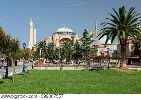 Istanbul, Turkey - October 05, 2020. View Of The Sultan Ahmet Park In Front Of Hagia Sophia Grand Mo