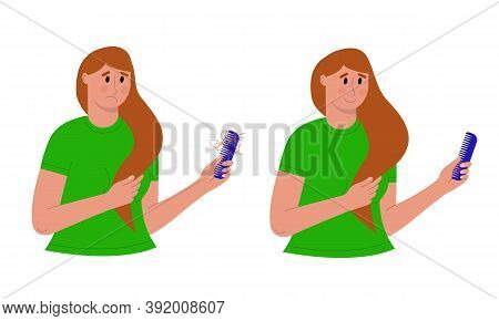 Hair Loss Or Baldness Problem Before And After Treatment Or Transplant. Sad And Happy Women Holding 