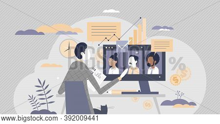 Video Call Meeting As Company Business Online Appointment Tiny Person Concept. Distant Job Communica