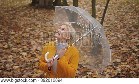 Young Fashionable Blond Caucasian Woman With Transparent Umbrela Looking Around In The Park In Autum