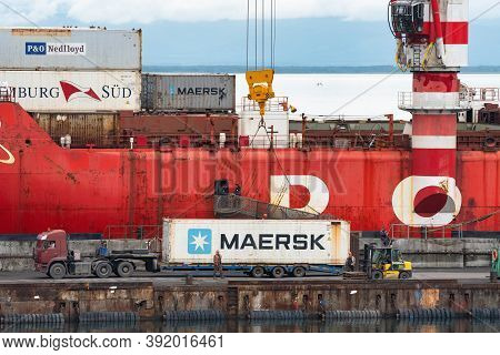 Crane Unloading Container Cargo Ship Sevmorput Corporation Atomflot - Russian Nuclear Powered Icebre