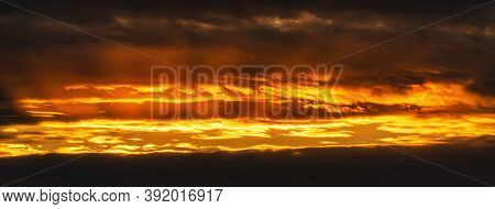 Panorama View Of Dramatic Clouds Rising Of Sun Floating In Sky To Change Summer Weather. Soft Focus,