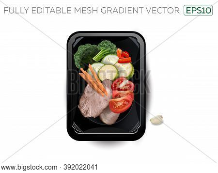 Boiled Meat With Zucchini, Broccoli And Tomatoes In A Lunchbox.
