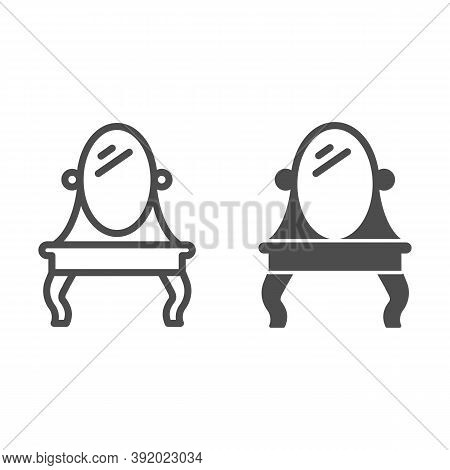 Table With Oval Mirror Line And Solid Icon, Furniture Concept, Dressing Table Sign On White Backgrou