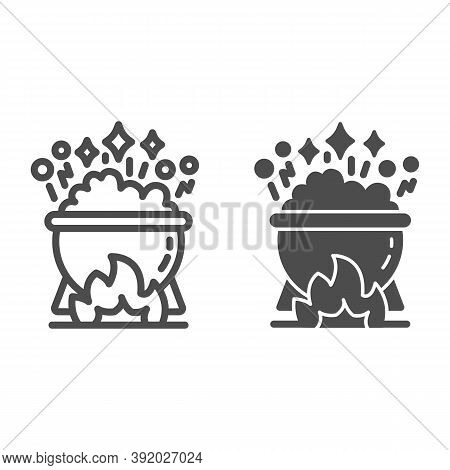 Cauldron With Magic Potion On Fire Line And Solid Icon, Halloween Concept, Pot Of Boiling Potion Sig