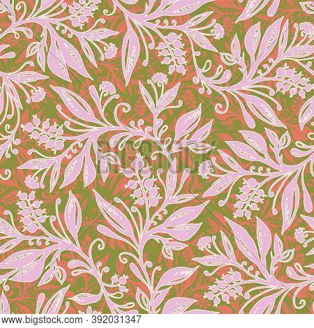 Floral Seamless Pattern With Leaves And Berries In Coral, Pink And Chartreuse Green Colors, Hand-dra