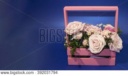 Postcard Template, Copy Speys- Pink Roses In A Basket On A Blue Background