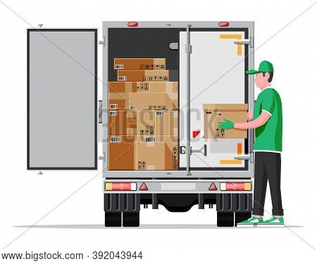 Truck Trailer Rear View Loaded With Cardboard Boxes. Delivery Van With Pile Of Boxes. Express Delive