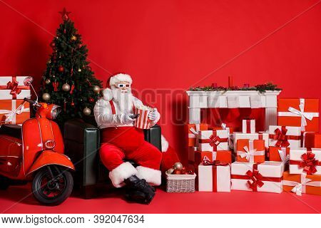 Full Size Photo Of Santa Claus Hold Pop Corn Box Switch Remote Control 3d Channel Isolated On Red Co