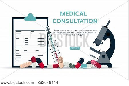 Medical Poster With Medicines, Test Tubes And A Thermometer. Advertising Online Pharmacies Or Remote