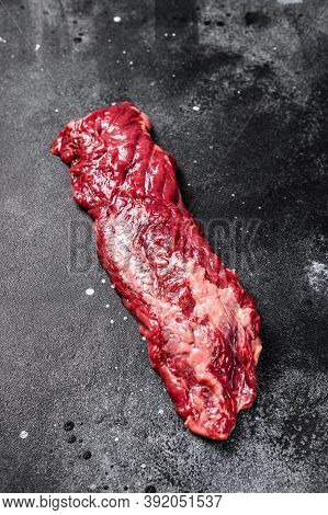 Raw Skirt, Machete Steak. Black Background. Top View