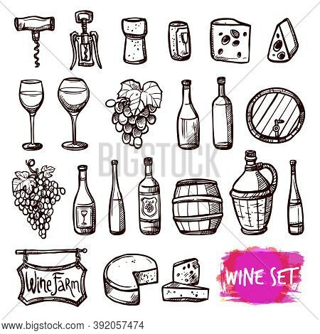 Winery Farm Black Doodle Pictograms Collection For Restaurant Wine Consumption With Cheese Chasers A