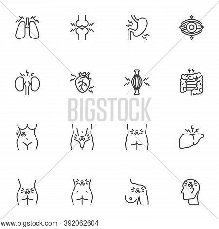 Human Body Pain Line Icons Set, Body Ache Outline Vector Symbol Collection, Linear Style Pictogram P