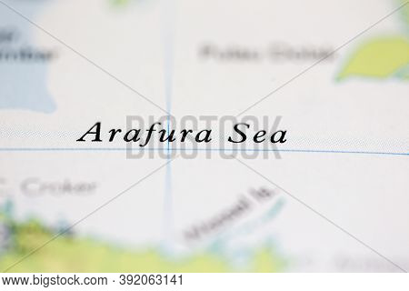 Shallow Depth Of Field Focus On Geographical Map Location Of Arafura Sea Off Coast Of Australia On A