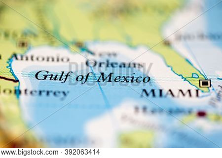 Shallow Depth Of Field Focus On Geographical Map Location Of Gulf Of Mexico Off Coast Of Mexico On A