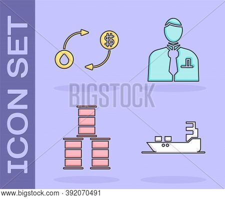 Set Oil Tanker Ship, Oil Exchange, Barrel Oil And Businessman Or Stock Market Trader Icon. Vector
