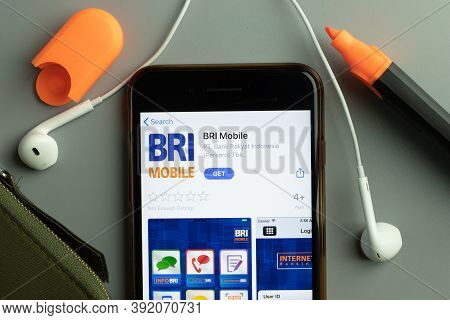 New York, Usa - 26 October 2020: Bri Bank Rakyat Indonesia Mobile App Icon Logo On Phone Screen Clos