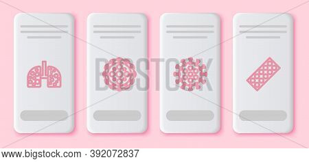 Set Line Virus Cells In Lung, , And Pills Blister Pack. White Rectangle Button. Vector