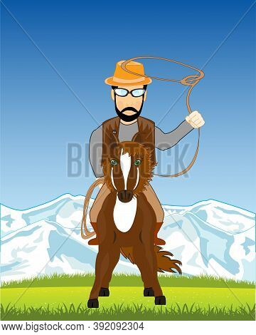 Nature And Man Cowpuncher With Lasso On Horse