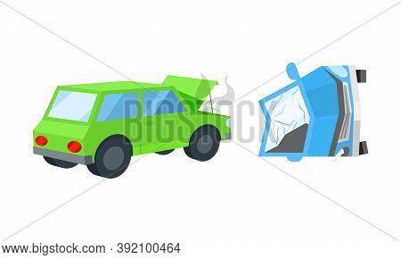 Car Wreckage Or Car Accident With Transport Deformation And Turning Upside Down Vector Set