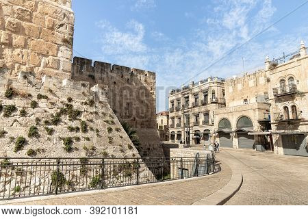 Jerusalem, Israel, October 24, 2020 : Outer Walls Of The City Of David Near The Jaffa Gate In The Ol