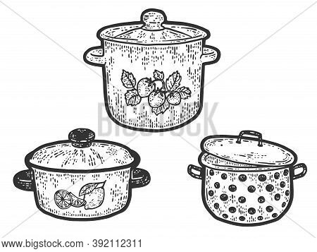 Three Stock Pot Of Different Sizes And Designs. Engraving Vector Illustration.