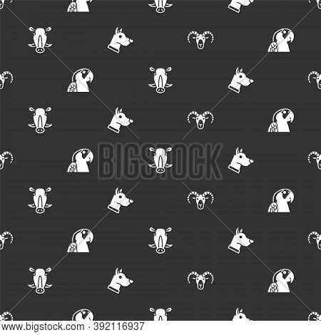 Set Head Of Goat Or Ram, Macaw Parrot, Wild Boar Head And Dog On Seamless Pattern. Vector