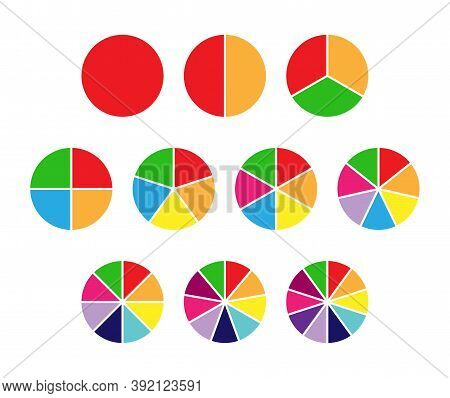 set of colored pie charts for 1,2,3,4,5,6,7,8,9,10 steps or sections to illustrate a business plan, infographic, reporting. Simple design, stock vector illustration.