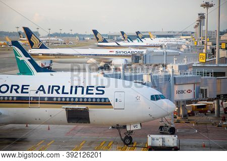 Singapore - February 11, 2020: Singapore Airlines Aircraft Stand, Loaded And Serviced At The Jet Bri