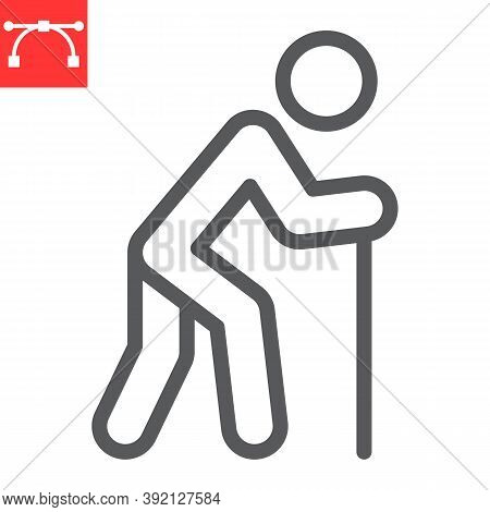 Old Man With Cane Line Icon, Disability And Pensioner, Old Man With Walking Stick Sign Vector Graphi