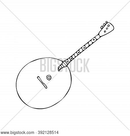Beautiful Hand-drawn Black Vector Illustration Of One Toy Domra Isolated On A White Background For C
