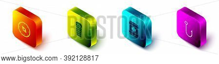 Set Isometric Compass, Sleeping Bag, First Aid Kit And Fishing Hook Icon. Vector