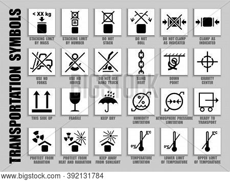 Packaging Symbols Collection Of Care Handling With Warning Caution For Heavy Cargo Transport. Don't 