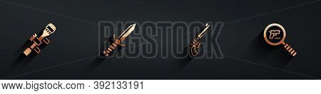 Set Sniper Optical Sight, Military Knife, Revolver Gun And Pistol Or Search Icon With Long Shadow. V