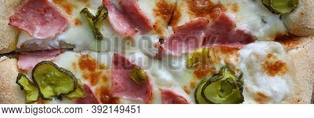 Top View Of Delicious Pizza. Traditional Italian Meal. Round Shaped Snack With Salami Double Cheese 