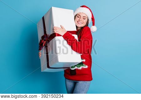Portrait Photo Of Smiling Happy Dreamy Smiling Girl Wearing Funny Warm Red Sweater And Headwear With