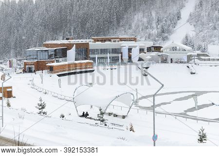 Bukovel, Ukraine - December 25: The Voda Spa Complex Is In Bukovel Ski Resort. It Is The Largest Ski