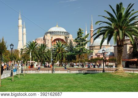 Istanbul, Turkey - October 05, 2020. View Of The Sultan Ahmet Park In Front Of Hagia Sophia Grand Mo