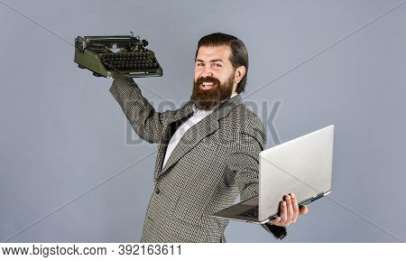 Happy Shop Assistant. First Draft. Professional Typist Make Notes Typing. Modern And Old Technology.