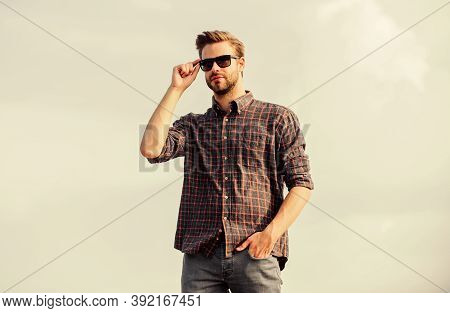 Eyes Health. Fashionable Sunglasses. Hipster Man In Trendy Sunglasses. Ultraviolet Protection Concep