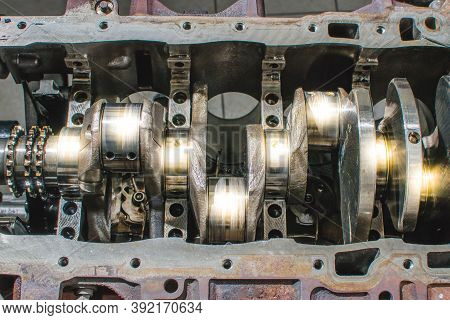 Damage To The Crankshaft. Diesel Engine. Damaged Crankshafr From Motorcycle Engine.
