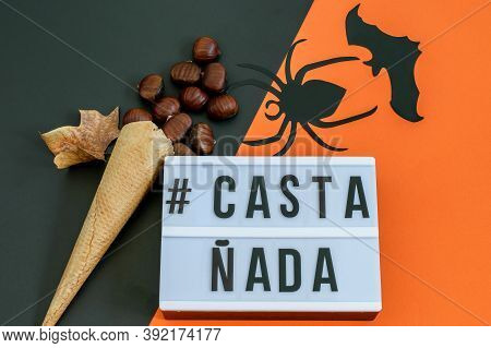 Waffle Cone With Chestnuts, Spider And Bat Animal And Text Castañada. Halloween Party Invitation.