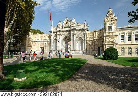 Istanbul, Turkey - October 06, 2020. Dolmabahce Palace. Exterior Facade Of The Gate Of Treasury. Bes