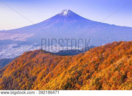 Mount Fuji And Fujiyoshida City In Autumn View From The Top Of Mt. Mitsutoge