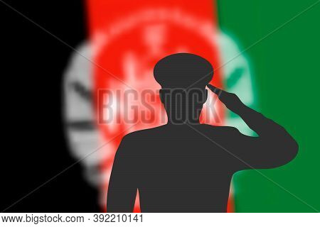Solder Silhouette On Blur Background With Afghanistan Flag.