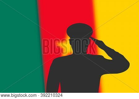 Solder Silhouette On Blur Background With Cameroon Flag.