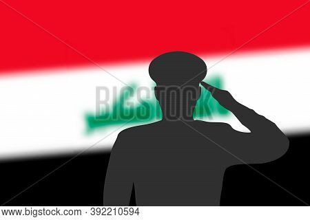 Solder Silhouette On Blur Background With Iraq Flag.